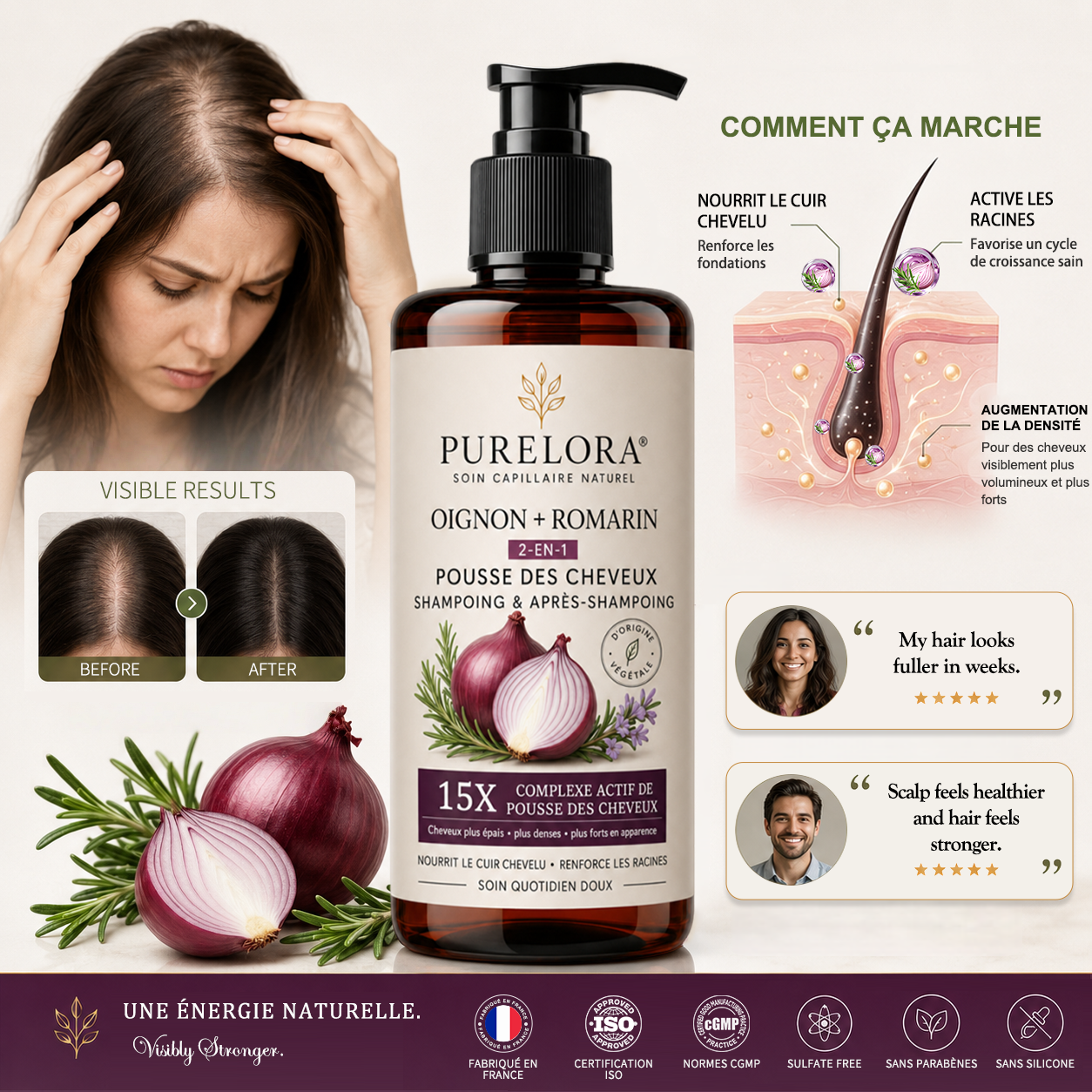 🌿👨‍⚕️ Boutique officielle française | 🔥 Shampoing et après-shampoing 2-en-1 PURELORA® à l'oignon et au romarin — Enrichi d'un complexe actif stimulant la croissance capillaire (concentration x15) pour des cheveux plus épais, plus denses et plus forts.
