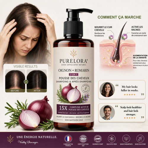 🌿👨‍⚕️ Boutique officielle française | 🔥 Shampoing et après-shampoing 2-en-1 PURELORA® à l'oignon et au romarin — Enrichi d'un complexe actif stimulant la croissance capillaire (concentration x15) pour des cheveux plus épais, plus denses et plus forts.