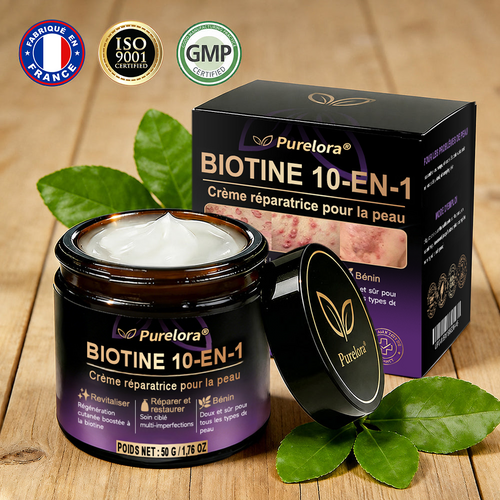 Fabriquée en France et expédiée directement 🍁 Crème réparatrice pour la peau à la biotine Purelora® (formule 10-en-1) — Dernier jour de promotion : -80 %.