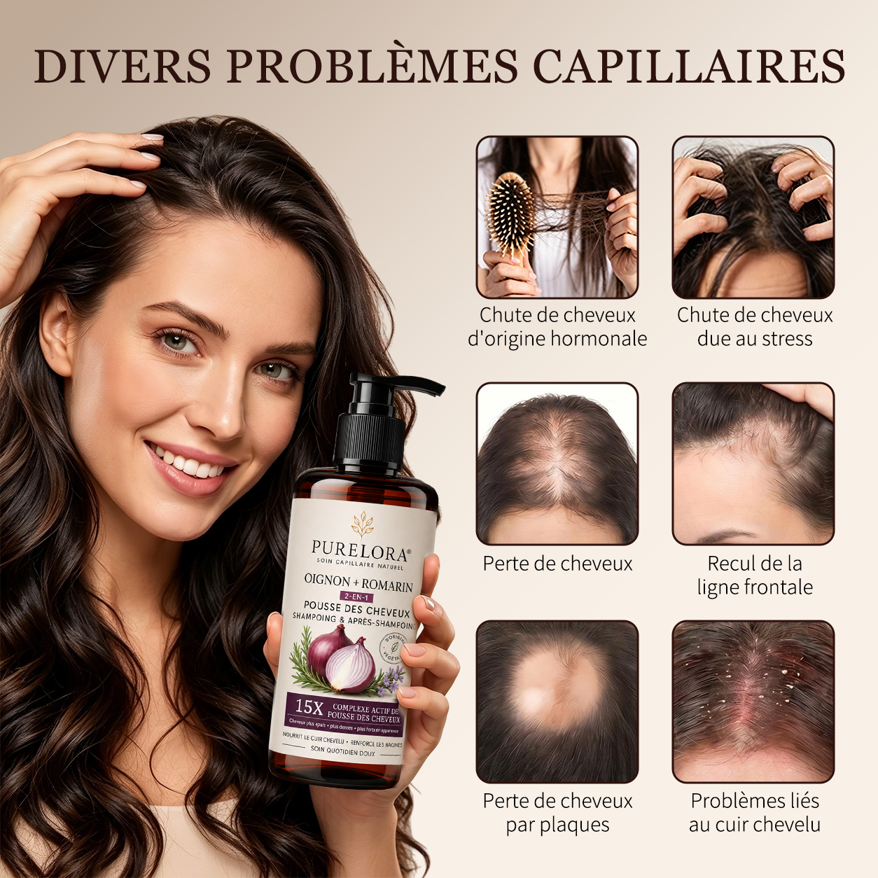🌿👨‍⚕️ Boutique officielle française | 🔥 Shampoing et après-shampoing 2-en-1 PURELORA® à l'oignon et au romarin — Enrichi d'un complexe actif stimulant la croissance capillaire (concentration x15) pour des cheveux plus épais, plus denses et plus forts.