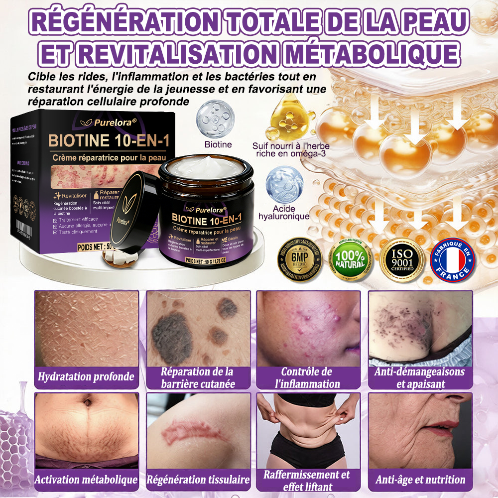 Fabriquée en France et expédiée directement 🍁 Crème réparatrice pour la peau à la biotine Purelora® (formule 10-en-1) — Dernier jour de promotion : -80 %.