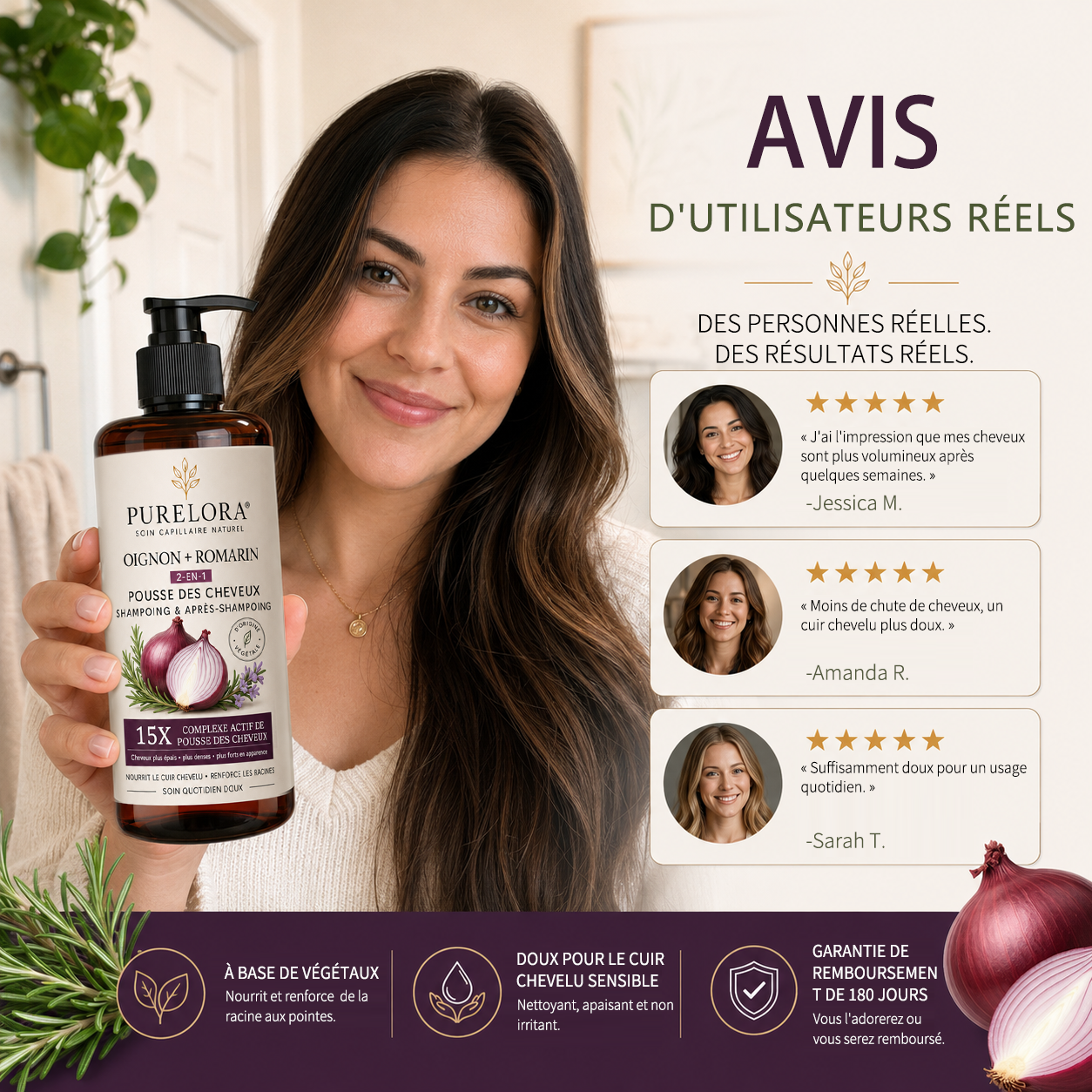 🌿👨‍⚕️ Boutique officielle française | 🔥 Shampoing et après-shampoing 2-en-1 PURELORA® à l'oignon et au romarin — Enrichi d'un complexe actif stimulant la croissance capillaire (concentration x15) pour des cheveux plus épais, plus denses et plus forts.