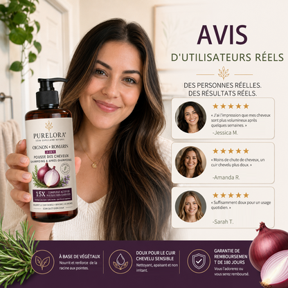 🌿👨‍⚕️ Boutique officielle française | 🔥 Shampoing et après-shampoing 2-en-1 PURELORA® à l'oignon et au romarin — Enrichi d'un complexe actif stimulant la croissance capillaire (concentration x15) pour des cheveux plus épais, plus denses et plus forts.