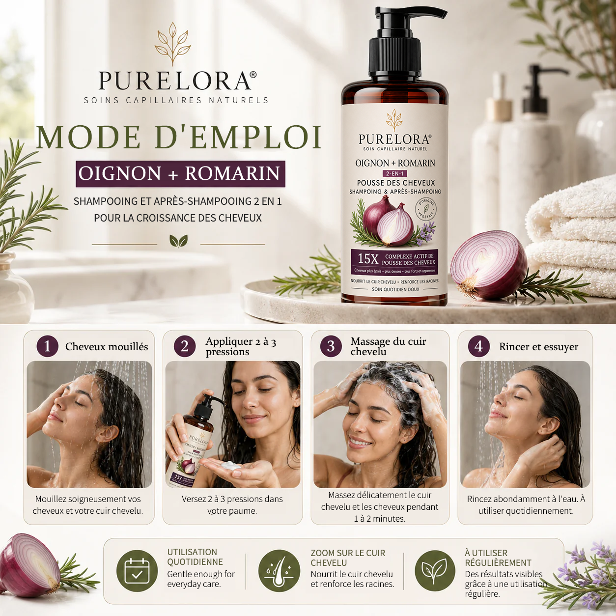 🌿👨‍⚕️ Boutique officielle française | 🔥 Shampoing et après-shampoing 2-en-1 PURELORA® à l'oignon et au romarin — Enrichi d'un complexe actif stimulant la croissance capillaire (concentration x15) pour des cheveux plus épais, plus denses et plus forts.