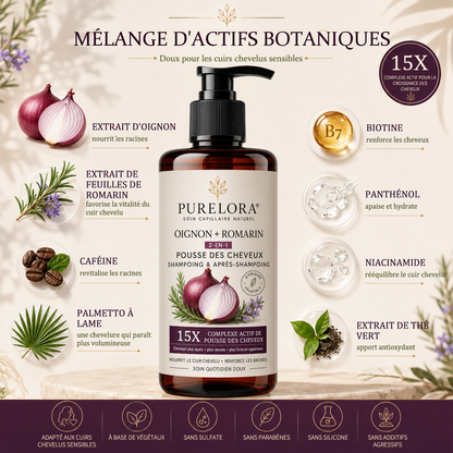 🌿👨‍⚕️ Boutique officielle française | 🔥 Shampoing et après-shampoing 2-en-1 PURELORA® à l'oignon et au romarin — Enrichi d'un complexe actif stimulant la croissance capillaire (concentration x15) pour des cheveux plus épais, plus denses et plus forts.