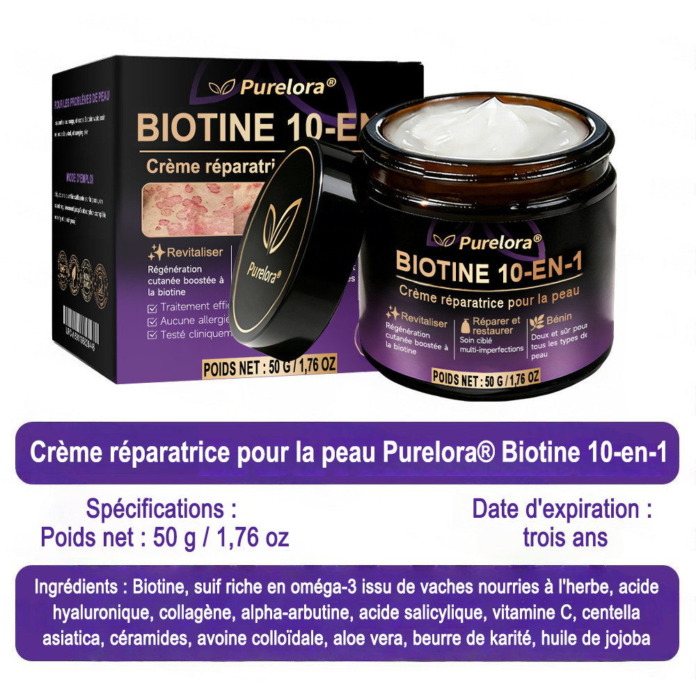 Fabriquée en France et expédiée directement 🍁 Crème réparatrice pour la peau à la biotine Purelora® (formule 10-en-1) — Dernier jour de promotion : -80 %.
