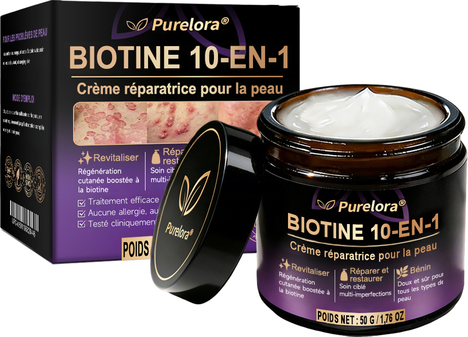 Fabriquée en France et expédiée directement 🍁 Crème réparatrice pour la peau à la biotine Purelora® (formule 10-en-1) — Dernier jour de promotion : -80 %.