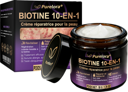 Fabriquée en France et expédiée directement 🍁 Crème réparatrice pour la peau à la biotine Purelora® (formule 10-en-1) — Dernier jour de promotion : -80 %.